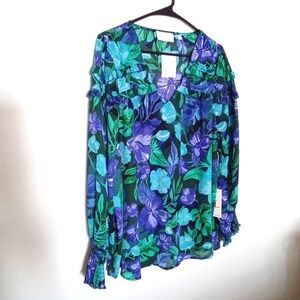 Sunny Leigh Women's Green & Blue Floral Ruffle Long Sleeve Blouse Size 1X